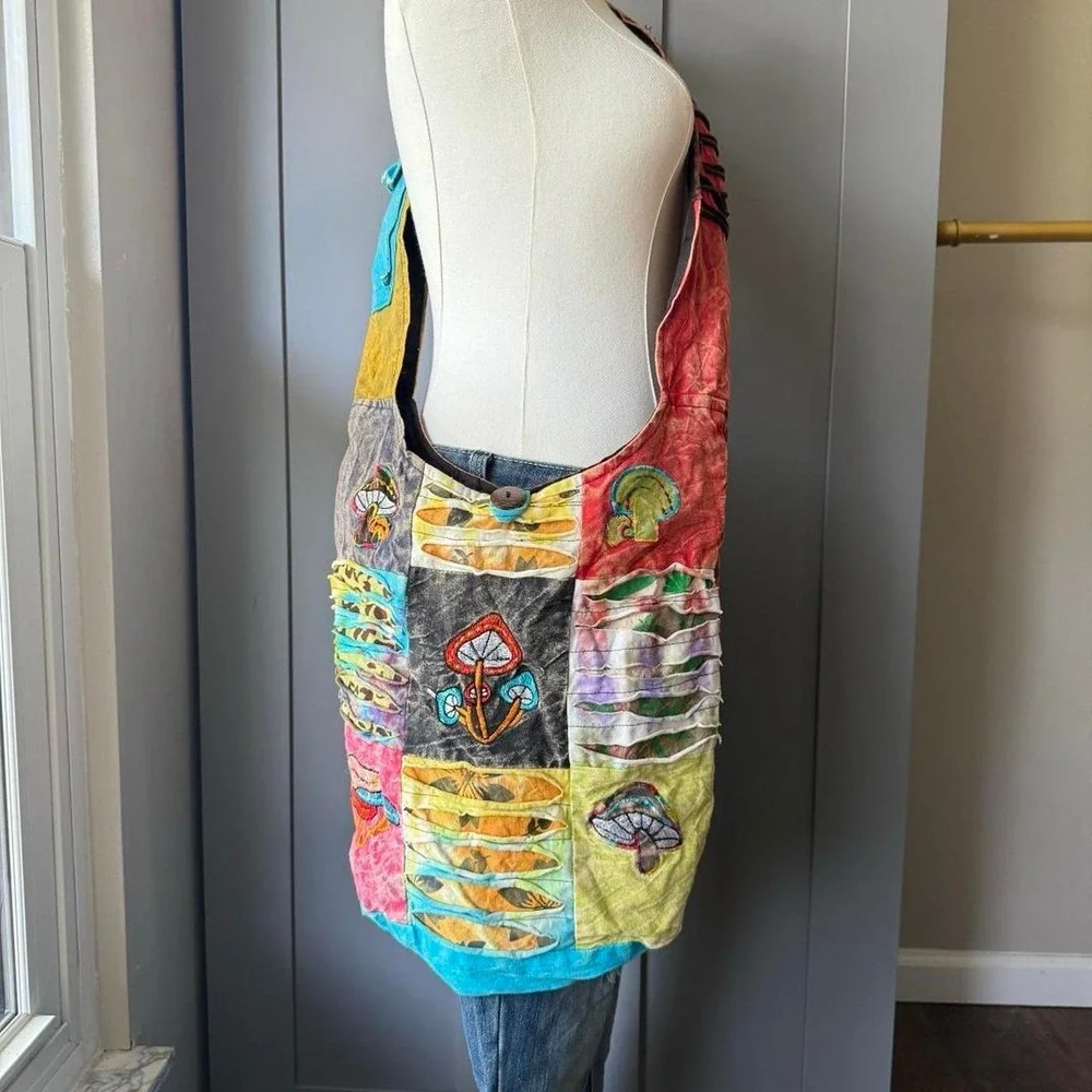 Kathamandu Imports patchwork mushroom shoulder bag boho hippie Cotton Nepal